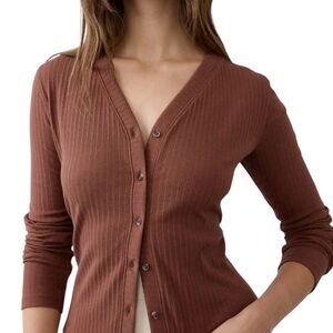 Banana Republic Factory Rib Knit Cardigan Top Blouse Shirt Auburn Brown S